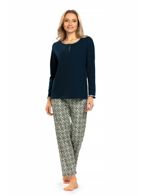 Ascafa Dames pyjama deluxe katoen - donkerblauw print