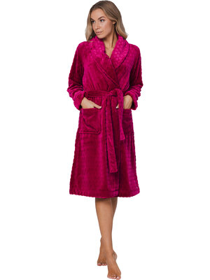 Pastunette Dames Badjas – Donkerrood/Roze – Flanel Fleece