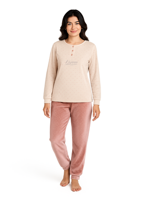 Cocodream Velours dames pyjama - vanille roze all-over print