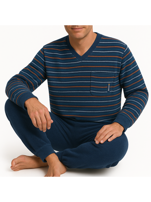 Outfitter Badstof Heren Pyjama - Blauw Gestreept
