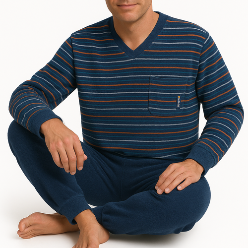 Outfitter Badstof Heren Pyjama - Blauw - Gestreept