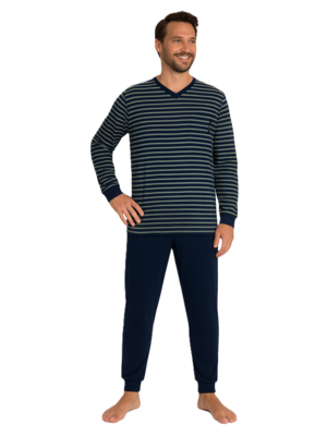 Outfitter Heren pyjama katoen - blauw - gestreept dessin