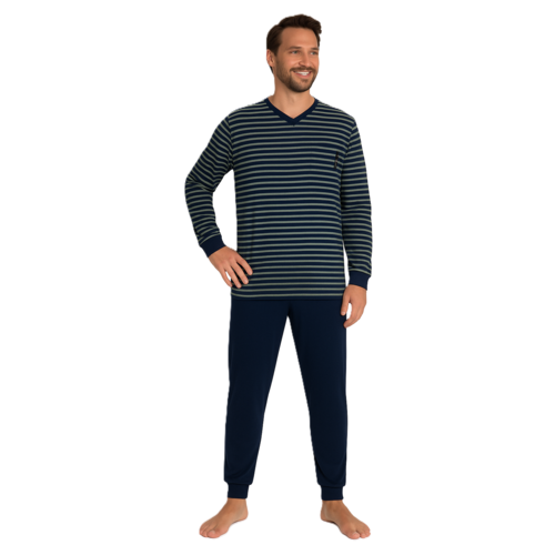 Outfitter Heren pyjama katoen - blauw - gestreept dessin