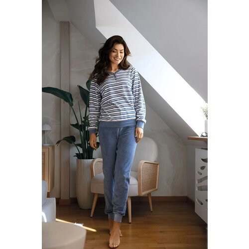 Comtessa Badstof dames pyjama - denim blue gestreept