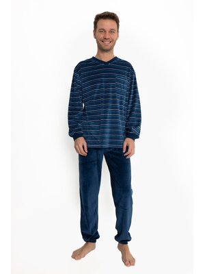Outfitter Velours heren pyjama - blauw gestreept Outfitter Velours heren pyjama - blauw gestreept