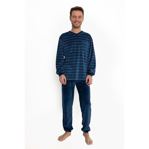 Outfitter Velours heren pyjama - blauw gestreept