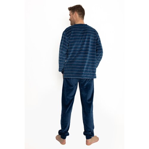 Outfitter Velours heren pyjama - blauw gestreept