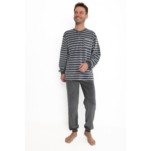 Outfitter Velours heren pyjama - grijs  gestreept