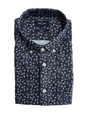 Pre End Heren overhemd lange mouw - donkerblauw gebloemd - strijkvrij Pre End Heren overhemd lange mouw - donkerblauw gebloemd - strijkvrij