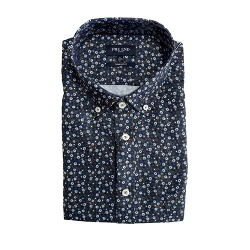 Pre End Heren overhemd lange mouw - donkerblauw - gebloemd - strijkvrij