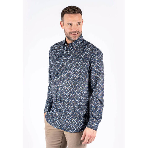 Pre End Heren overhemd lange mouw - donkerblauw - gebloemd - strijkvrij
