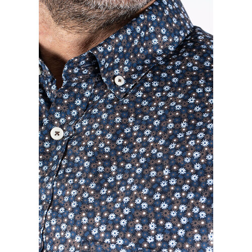 Pre End Heren overhemd lange mouw - donkerblauw - gebloemd - strijkvrij