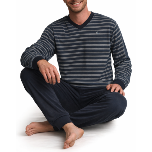 Gentlemen Badstof heren pyjama - donkerblauw v-hals
