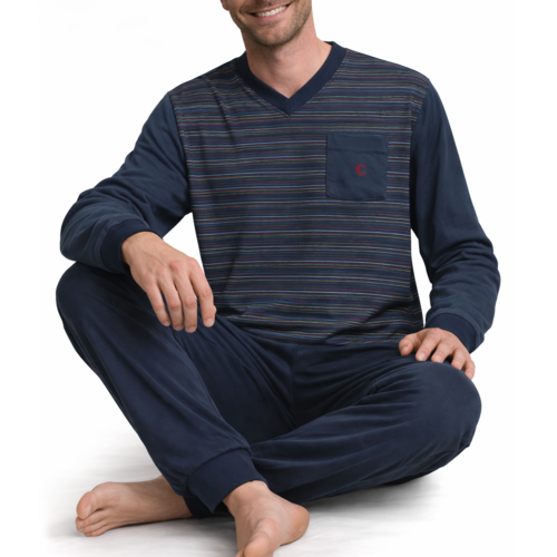 Gentlemen Badstof heren pyjama - navy v-hals