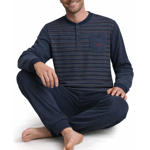 Gentlemen Badstof heren pyjama - navy gestreept