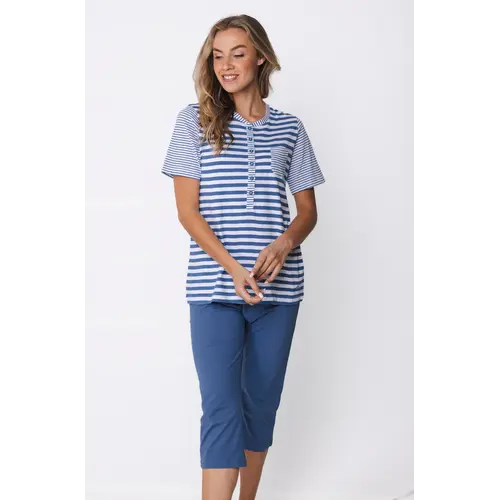 Pastunette Dames pyjama korte mouw met 3/4 broek - blue gestreept