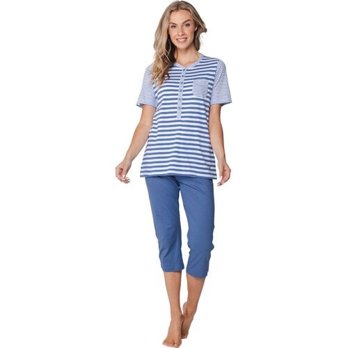 Pastunette Dames pyjama korte mouw met 3/4 broek - blue gestreept