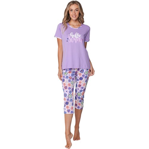 Rebelle by Pastunette Dames pyjama korte mouw met 3/4 broek- waterflower purple