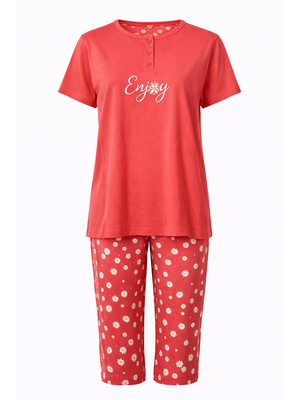 Cocodream Dames pyjama met 3/4 capri broek - koraalrood