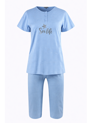 Cocodream Dames pyjama met 3/4 capri broek - lichtblauw sea life
