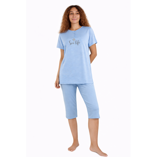 Cocodream Dames pyjama met 3/4 capri broek - lichtblauw sea life Cocodream Dames pyjama met 3/4 capri broek - lichtblauw sea life