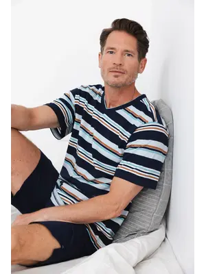 Pastunette Heren shortama Stripes – blauw – katoen – korte pyjama