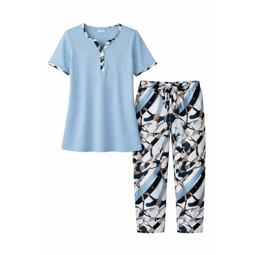 Ascafa Dames Pyjama – Lichtblauw – 7/8 Broek – 100% Katoen