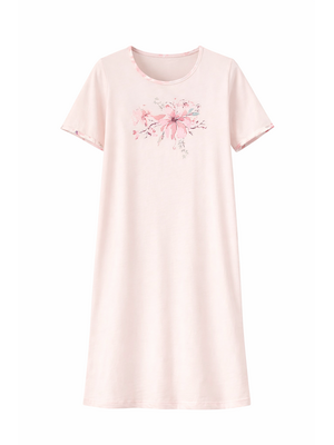 Ascafa Dames Nachthemd – 95 cm – Lichtroze – Bloemenprint – 100% Katoen