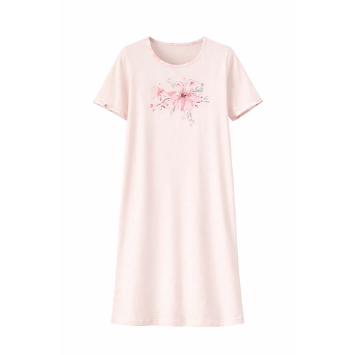 Ascafa Dames Nachthemd – 95 cm – Lichtroze – Bloemenprint – 100% Katoen