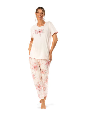 Ascafa Dames Pyjama – Korte Mouw – Lange Broek – 100% Katoen