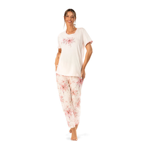 Ascafa Dames Pyjama – Korte Mouw – Lange Broek – 100% Katoen