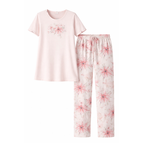 Ascafa Dames Pyjama – Korte Mouw – Lange Broek – 100% Katoen