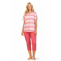Dames Pyjama – 7/8 Broek – Korte Mouw – Roze Gestreept – 100% Katoen