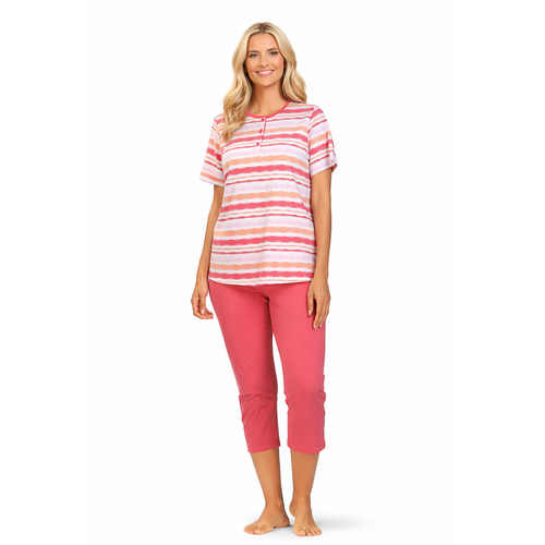 Comtessa Dames Pyjama – 7/8 Broek – Korte Mouw – Roze Gestreept – 100% Katoen