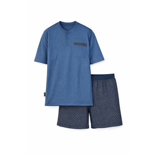 Comte Heren shortama katoen - effen blauw met print broek