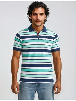 Hajo Heren Poloshirt – Stay Fresh – Blauw/Groen  Gestreept – Met Rits