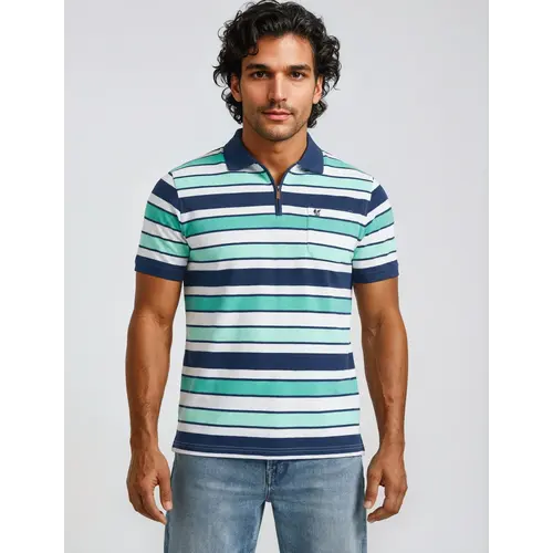 Hajo Heren Poloshirt – Stay Fresh – Blauw/Groen  Gestreept – Met Rits