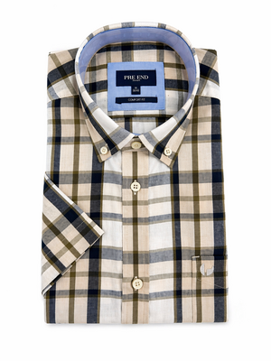 Pre End Heren overhemd korte mouw - beige geruit - strijkvrij
