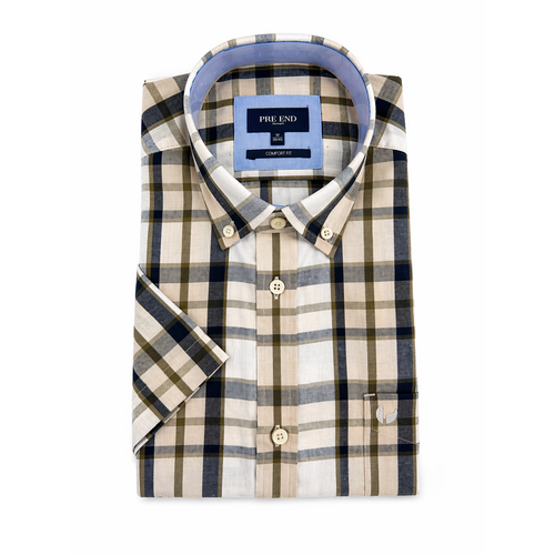 Pre End Heren overhemd korte mouw - beige geruit - strijkvrij