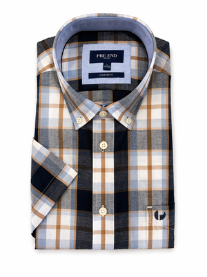 Pre End Heren overhemd korte mouw - blauw geruit - strijkvrij