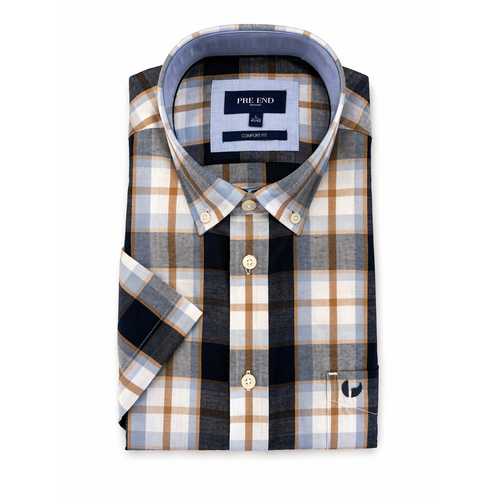 Pre End Heren overhemd korte mouw - blauw geruit - strijkvrij