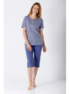 Hajo Dames pyjama met capri broek - blauw - katoen Hajo Dames pyjama met capri broek - blauw - katoen
