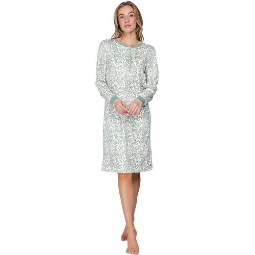 Pastunette Dames Nachthemd Nordic Leaf – Ecru/Groen – 100% Interlock Katoen