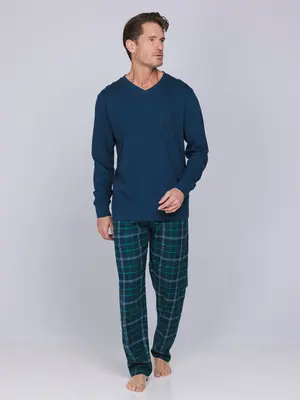 Pastunette Heren Pyjama – Donkerblauw – 100% Katoen met Flanellen Broek Pastunette Heren Pyjama – Donkerblauw – 100% Katoen met Flanellen Broek