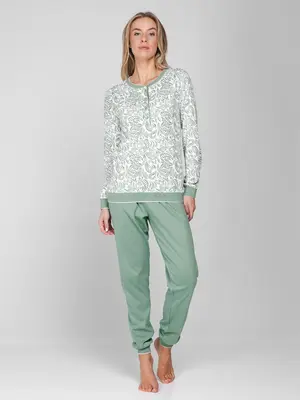 Pastunette Dames Pyjama Nordic Leaf – Groen/Ecru – Interlock