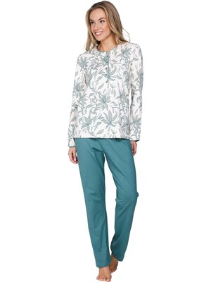 Pastunette Dames Pyjama Nordic Leaf – Ecru/Groen – Klassiek