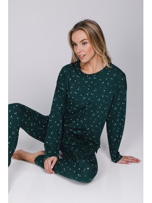 Rebelle Dames Pyjama Cozy – Donkergroen met Sterren – 100% Katoen