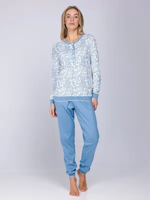 Pastunette Dames Pyjama Soft Paisley – Ecru/Lichtblauw – 100% Interlock Katoen