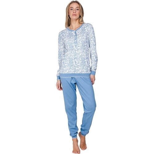 Pastunette Dames Pyjama Soft Paisley – Ecru/Lichtblauw – 100% Interlock Katoen