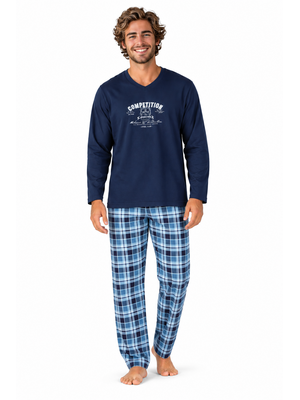 Comtessa Heren Pyjama – 100% Katoen – Donkerblauw met geruite broek Comtessa Heren Pyjama – 100% Katoen – Donkerblauw met geruite broek